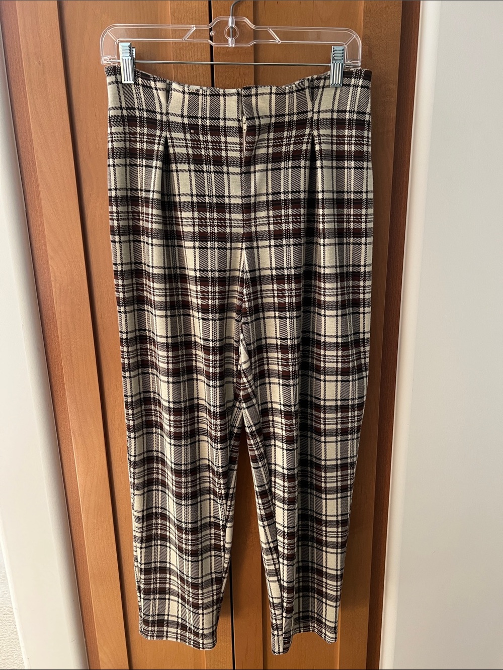 Free People Plaid Straight-Leg Pants in Cream and Brown